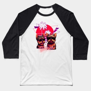 Yorkie's With Sunglasses and Retro Palm Tree Sunset Baseball T-Shirt